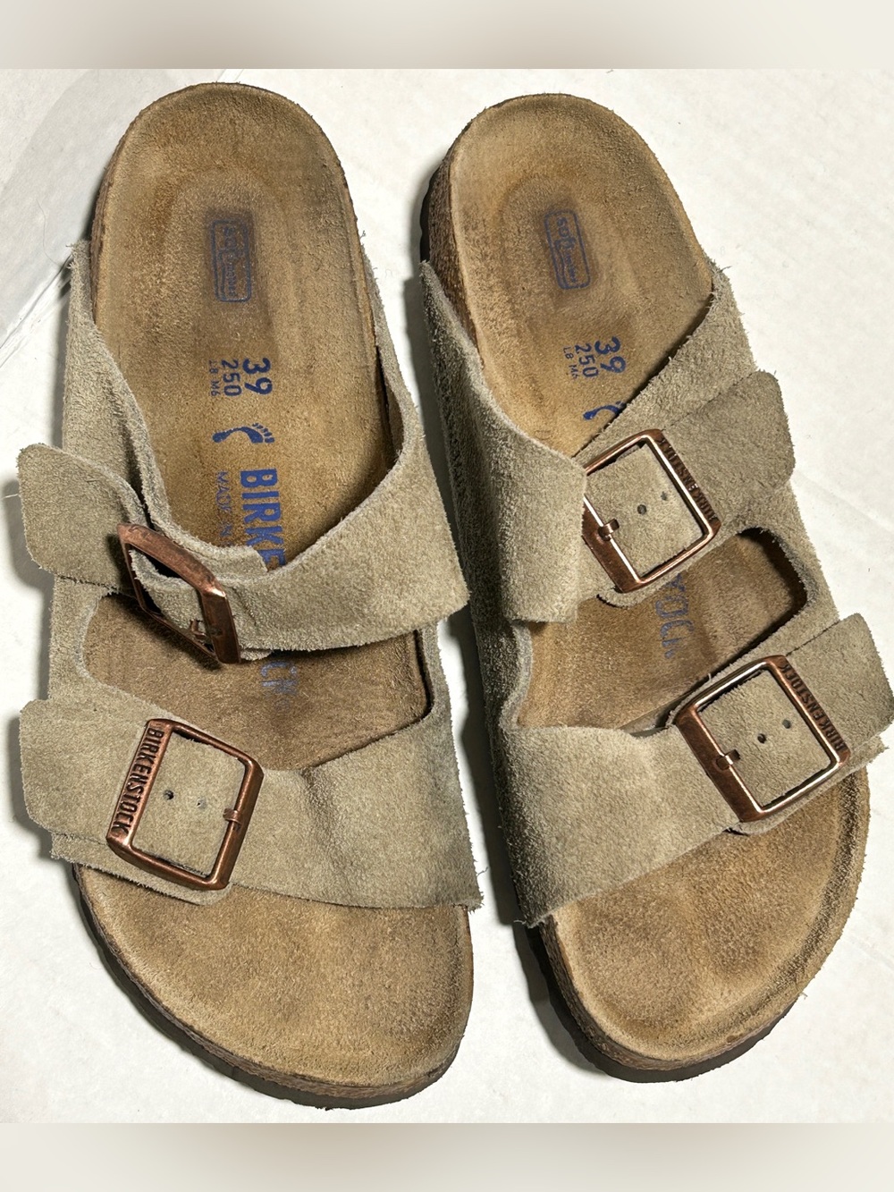 Birkenstock Arizona Suede Sandals in Beige with Blue Stamp